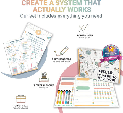 Oyster&Pop Black Chore Charts for Multiple Kids - 3 Pack Magnetic Dry Erase | Build responsibility, independence and routines - give kids and teens their own black magnetic board and weekly rewards