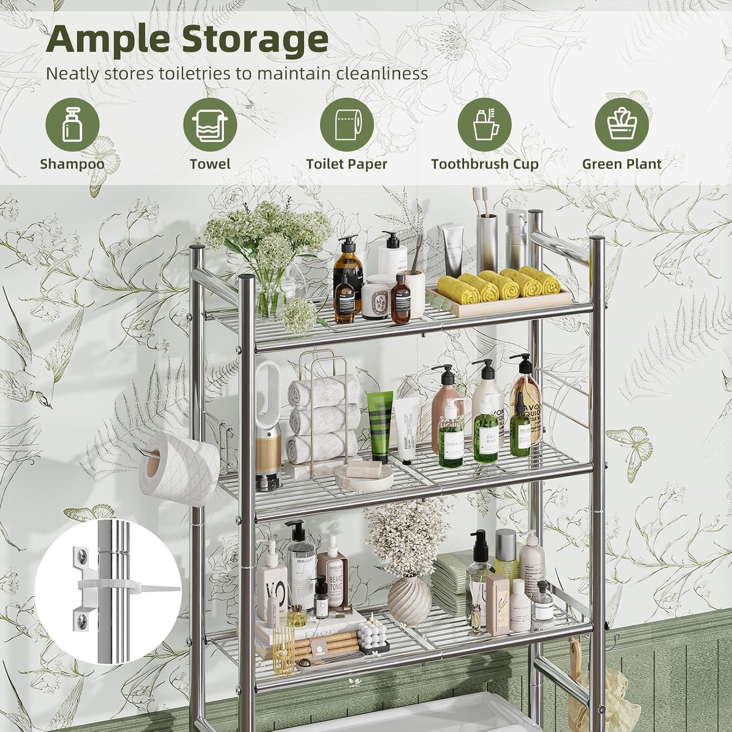Simple Trending Over The Toilet Storage Cabinet, Metal Bathroom Shelf Organizer with Paper Holder and Hooks, 3 Tier, Black