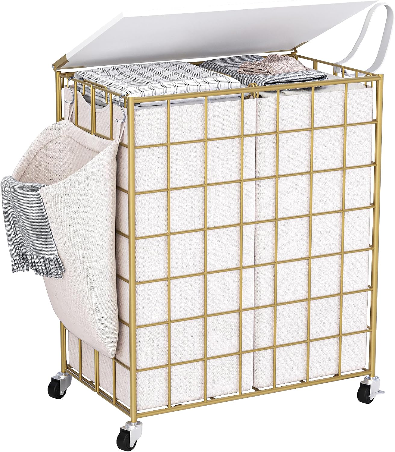 90L Laundry Basket with Wheels, Large Capacity Laundry Hamper with Removable Liner Bags, Heavy Duty Laundry Sorter with Solid Wood Lid & Leather Handles, Grey