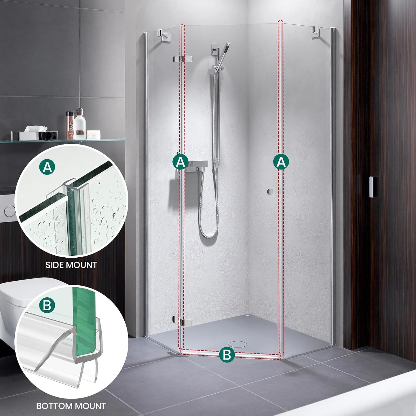 2 PCS Shower Door Bottom Seal, 3/8” X 36” Frameless Shower Glass Door Seal Strip, Clear PVC Shower Door Sweep Stop Shower Leaks, Shower Seal for 3/8 Inch (10mm) Glass