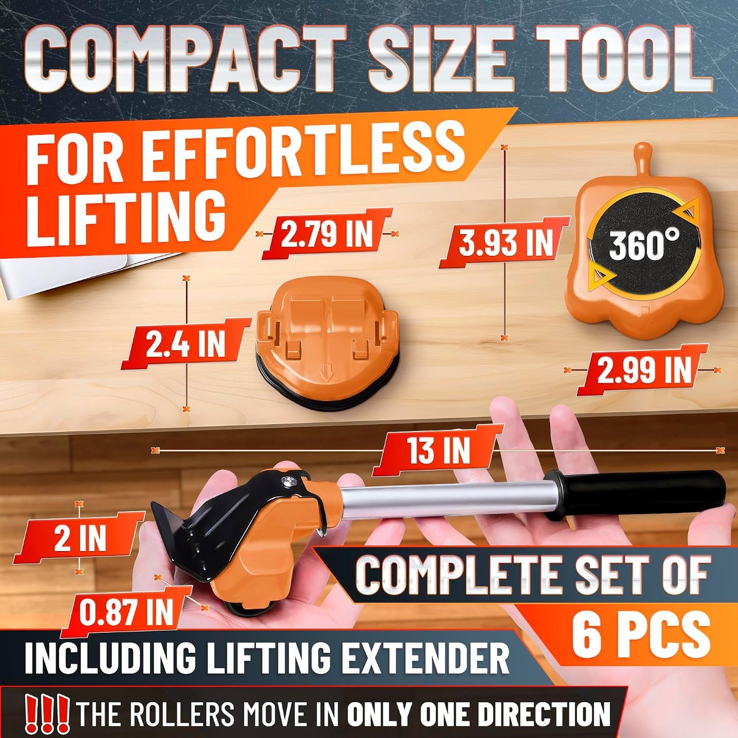 660 lb Furniture Movers with Wheels for Heavy Items (Red) | Heavy Duty Furniture Lifter Tool with 4 Sliders & 13" Lever for Hardwood, Tile & Laminate; Move Sofas, Beds & Refrigerators