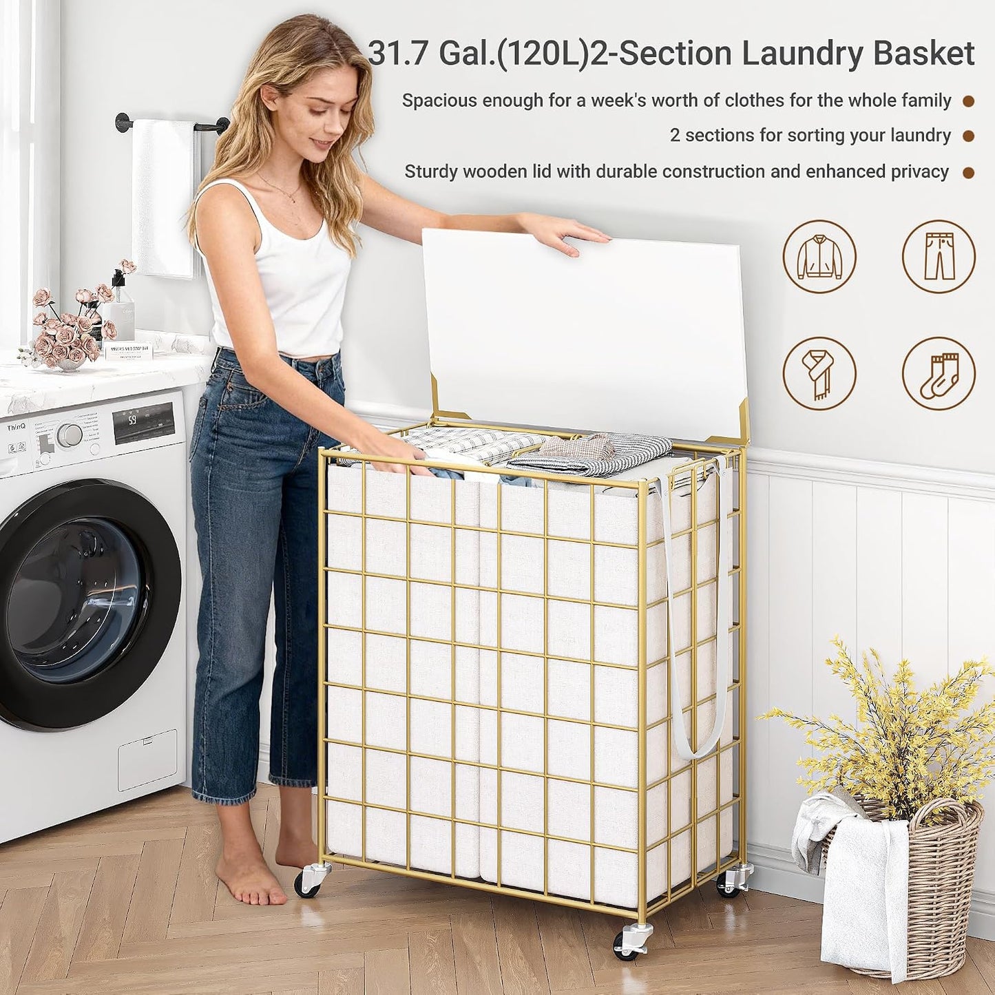 90L Laundry Basket with Wheels, Large Capacity Laundry Hamper with Removable Liner Bags, Heavy Duty Laundry Sorter with Solid Wood Lid & Leather Handles, Grey