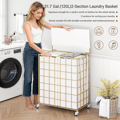 90L Laundry Basket with Wheels, Large Capacity Laundry Hamper with Removable Liner Bags, Heavy Duty Laundry Sorter with Solid Wood Lid & Leather Handles, Grey