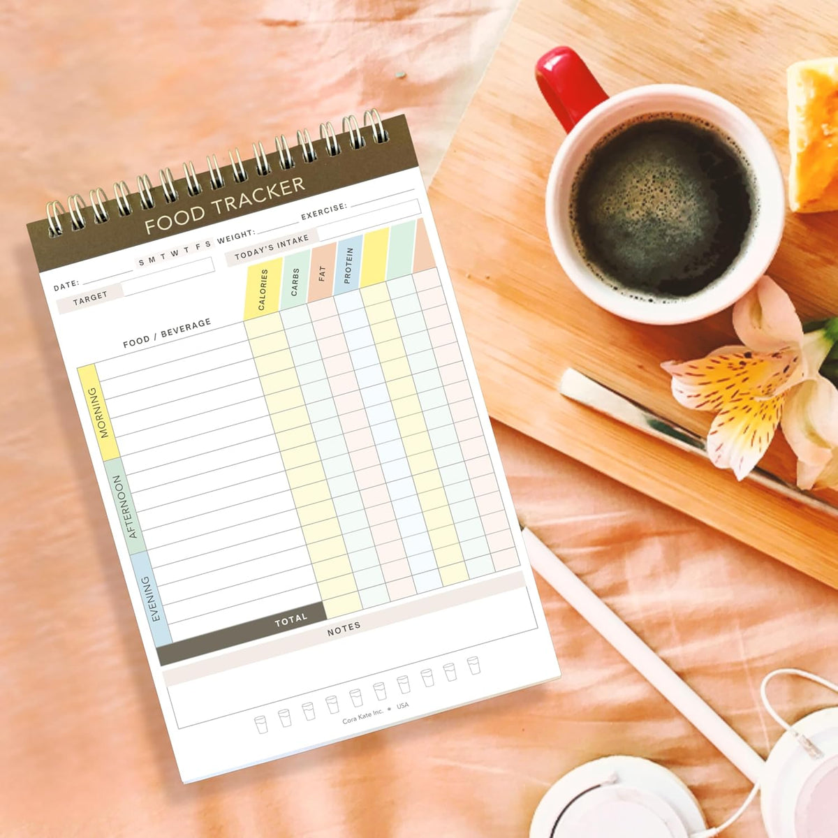 Cora Kate Food Journal Diary, 5.5 x 8.5 Calorie Counter Book, 52-Page Double-Sided Spiral Bound Meal Tracker for Tracking Calories, Carbs, Fat, Protein, Calorie Tracker, Food Log for Diet & Nutrition