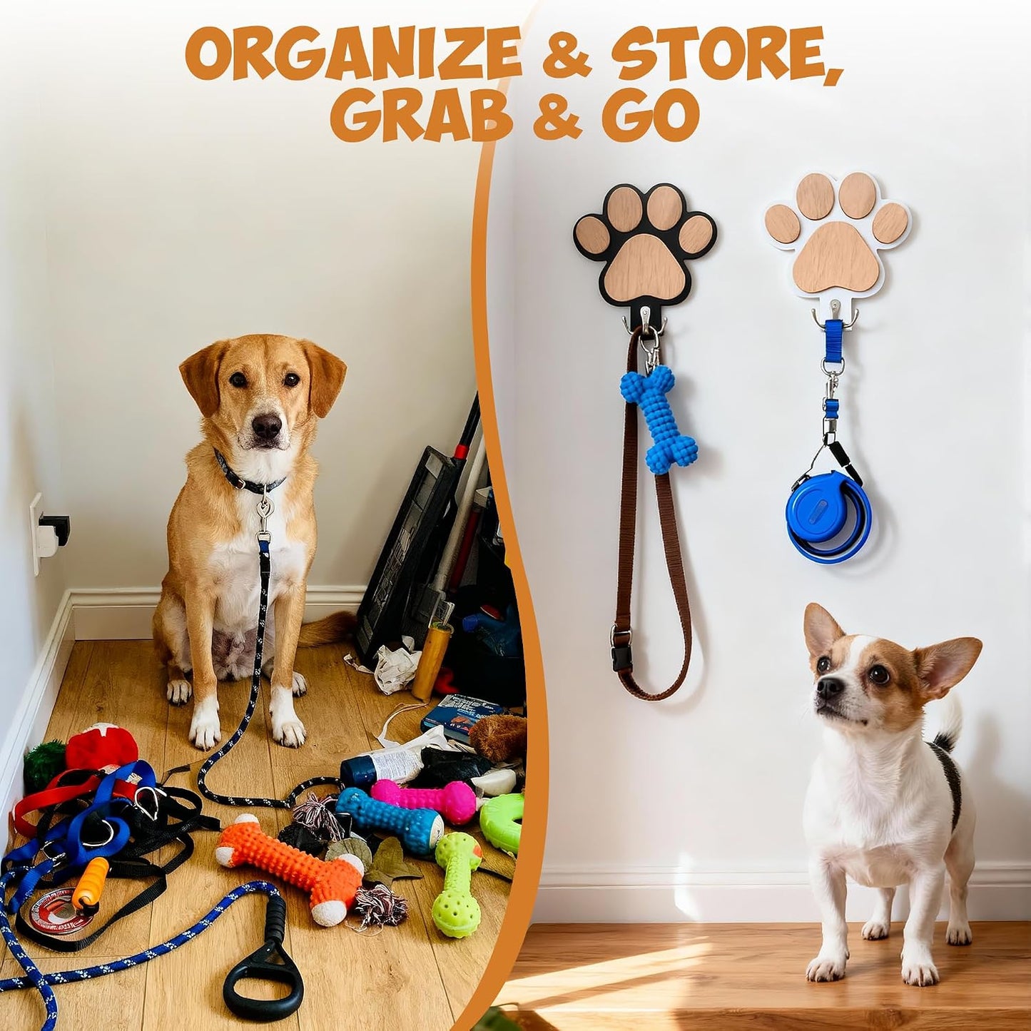2-Pack Dog Leash Holder, Wooden Paw Wall Hooks for Entryway | Paw-shaped panels add playful pet decor, helping dog owners organize daily essentials without cluttering tables or floors