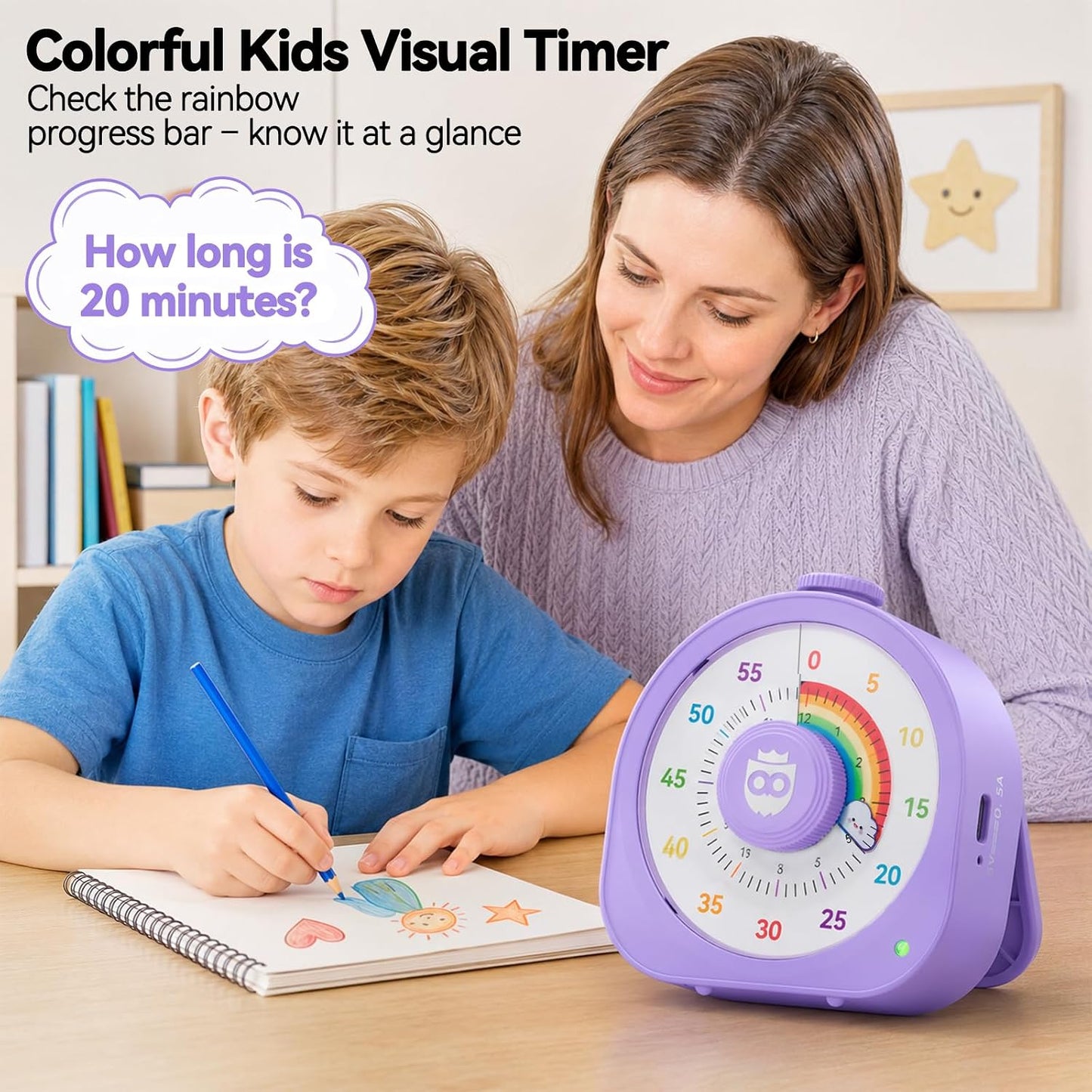 Visual Timer for Kids 60Min/12H Dual Countdown Timers with Magnetic Sticker | Rechargeable Timer with Pomodoro Mode, ADHD Time Management Tool for Classroom Kitchen Office, Silent Operation