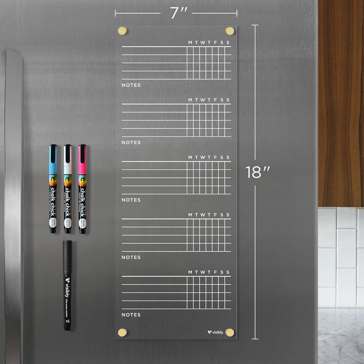 Magnetic Acrylic Chore Chart for Fridge - 7” x 18” Wet-Erase Task Board with 4 Magnetic Markers, Clear Reusable Refrigerator Organizer with Black Magnets