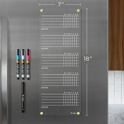 Magnetic Acrylic Chore Chart for Fridge - 7” x 18” Wet-Erase Task Board with 4 Magnetic Markers, Clear Reusable Refrigerator Organizer with Black Magnets
