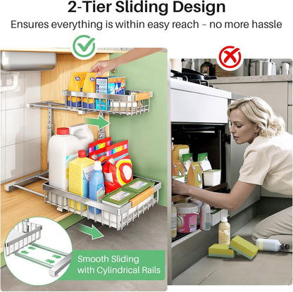 Kitstorack Under Sink Organizer, 2 Tier Under the Sink Storage, Slide out Pull out Cabinet Organizer Shelf, Metal Sliding Drawer for Kitchen Bathroom Pantry Closet Organization Rack, Black, 2 Pack