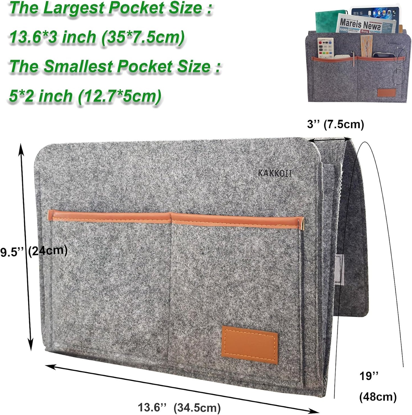 Bedside Caddy, Sofa Caddy, Storage Organizer Pocket for Dorm, Bedroom, 5 Pockets Felt Organizer for Magazine, Remote, Phone, Tablet, Pad, Glasses, Pen, Remote Control (Light Grey-Short)