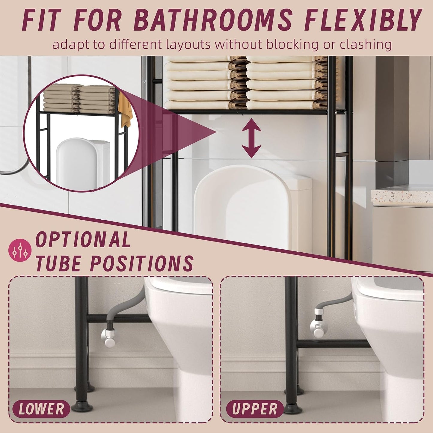 3-Tier Over The Toilet Storage Cabinet with Paper Holder and 4 Hooks, Metal Over Toilet Bathroom Organizer and Storage Shelf, Bathroom Shelves for Living Room/Laundry/Balcony(Black)