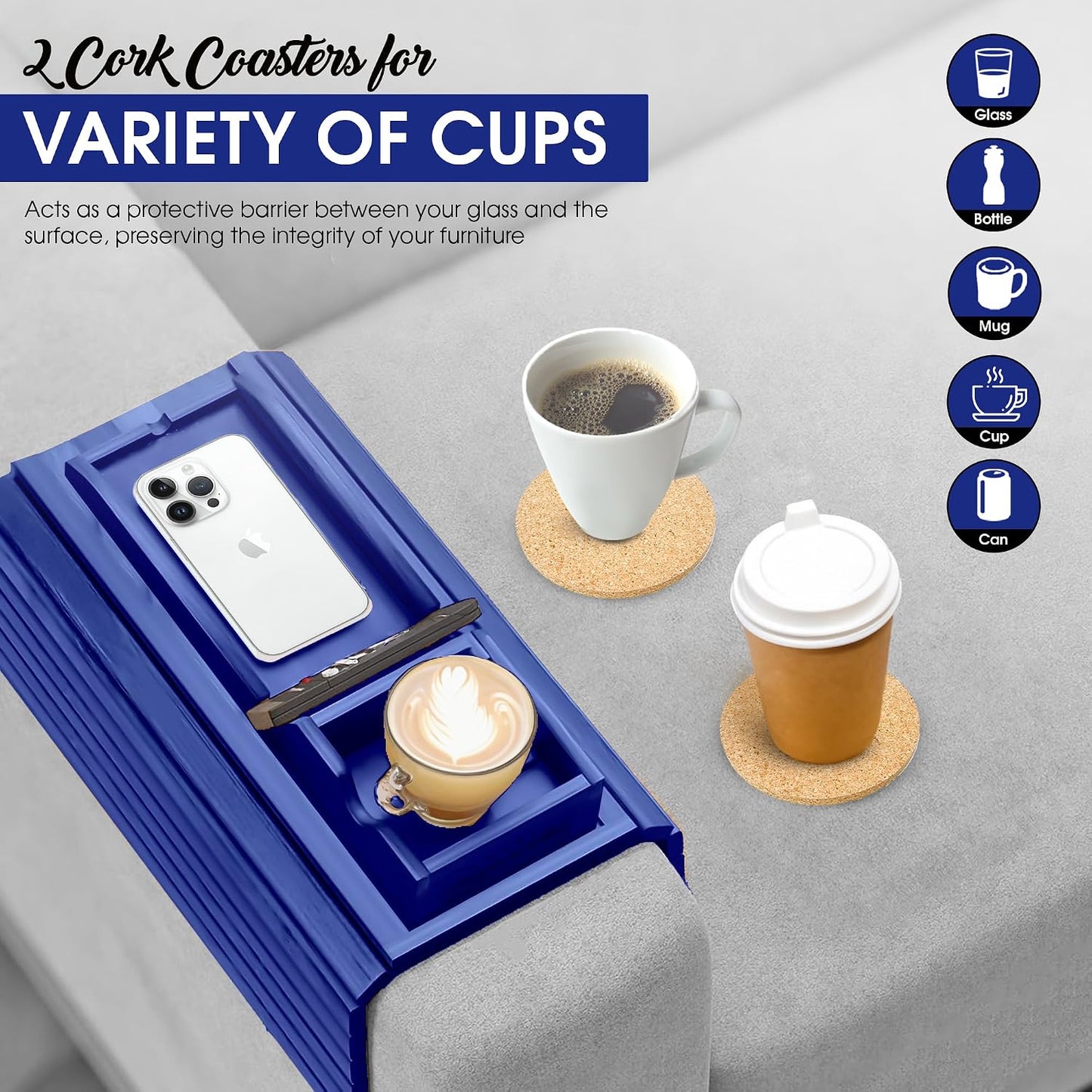 Bamboo Couch Cup Holder, 2 Cork Coasters, Anti-Slip Foldable Couch Arm Tray | 2 in 1 Foldable Sofa Arm Tray, Couch Armrest Table, Anti-Spill Couch Arm Table for Drinks TV Remote Cellphone Snacks