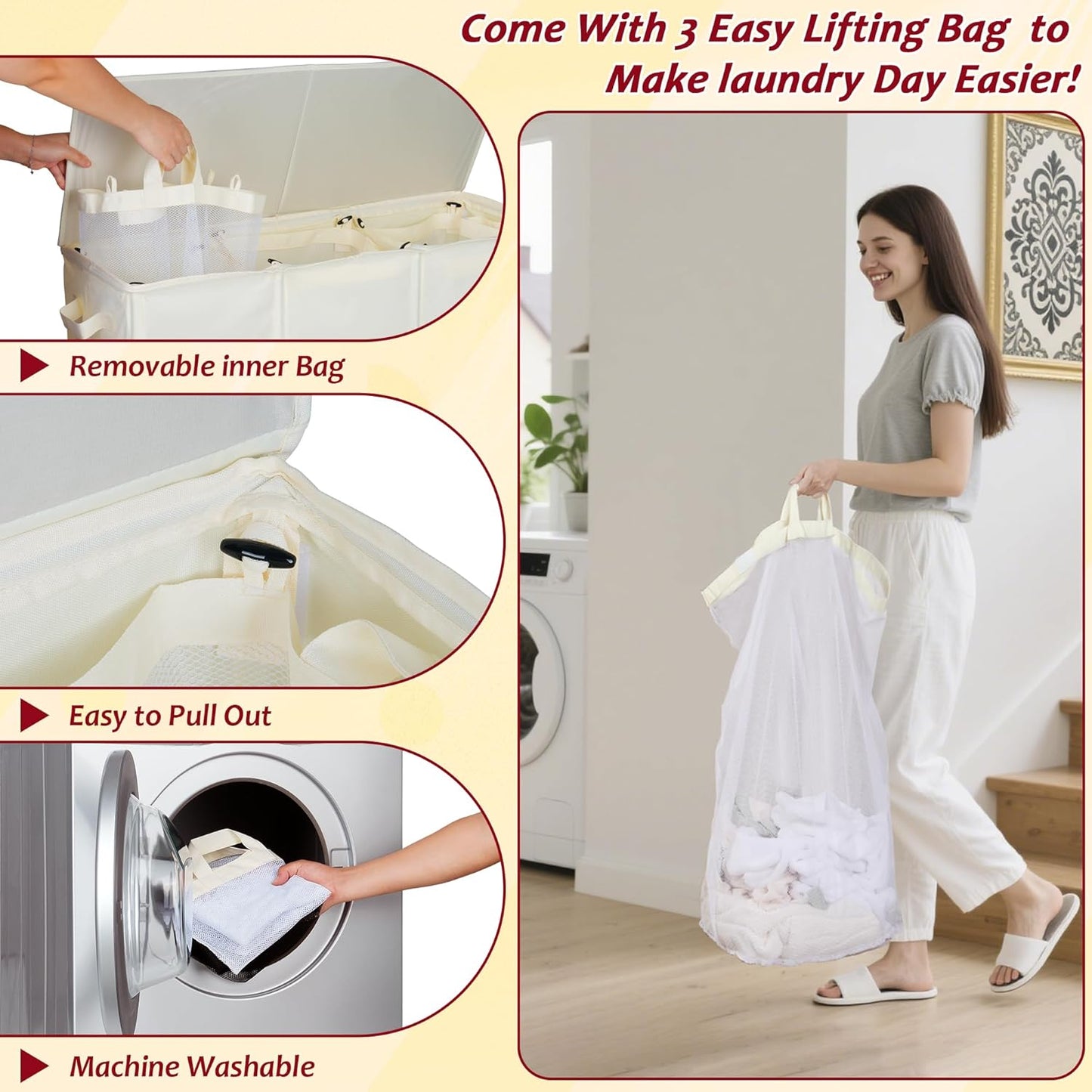 195L Laundry Hamper 3 Section,Large Laundry Hamper with Lid,Dirty Clothes Hamper with 3 Inner Bags,Collapsible Laundry Basket Organizer for Laundry Room,Bedroom,Laundry Sorter Hamper 3 Compartment