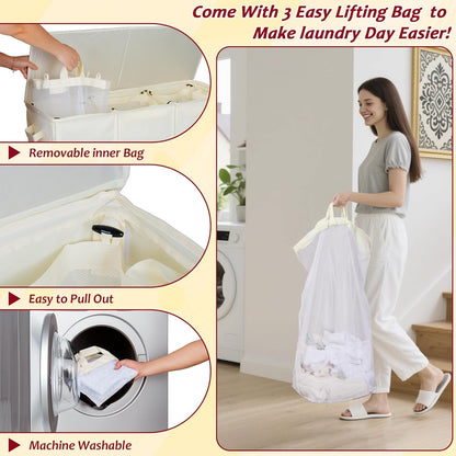 195L Laundry Hamper 3 Section,Large Laundry Hamper with Lid,Dirty Clothes Hamper with 3 Inner Bags,Collapsible Laundry Basket Organizer for Laundry Room,Bedroom,Laundry Sorter Hamper 3 Compartment