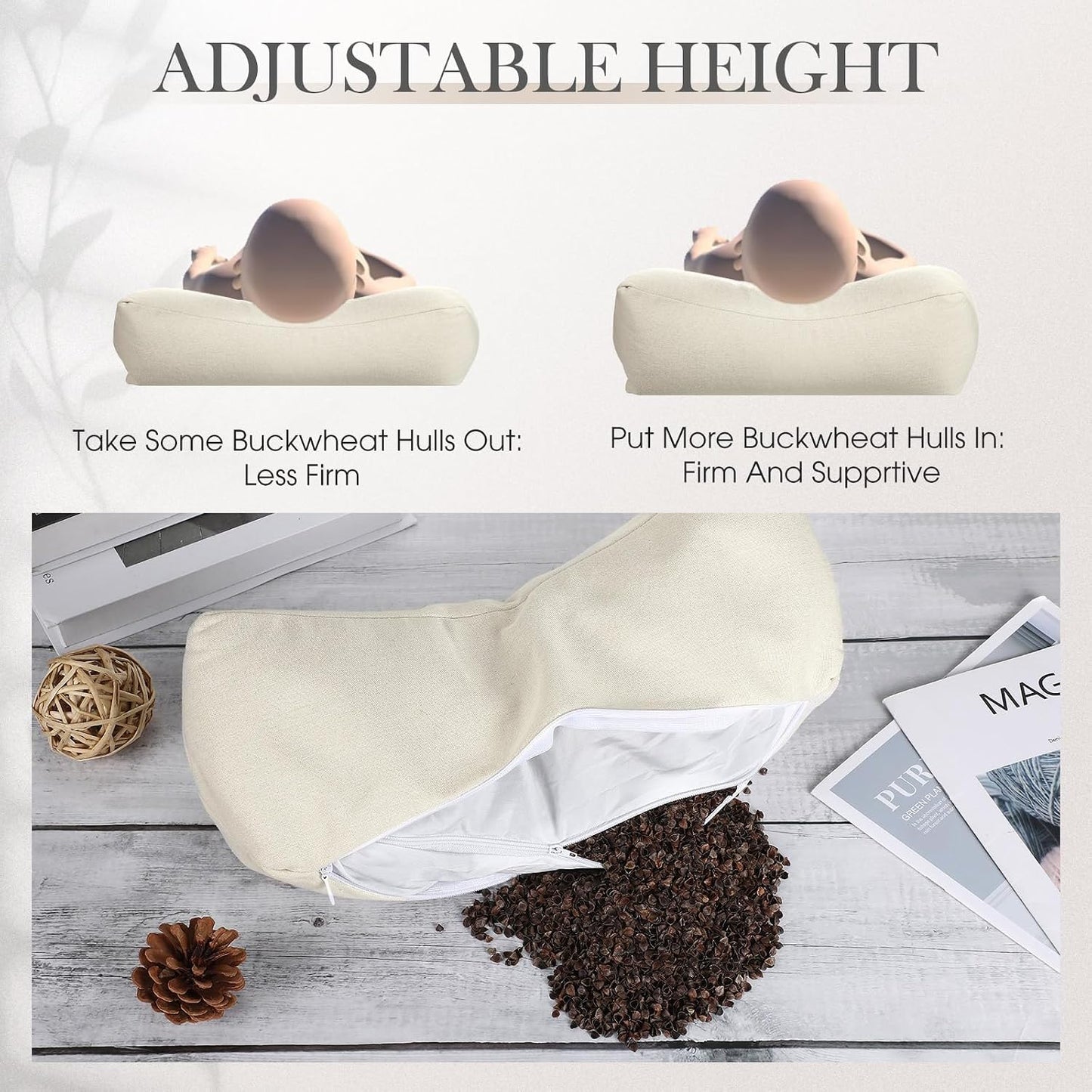 DoubleFill 2pcs Buckwheat Neck Support Pillow Cervical Pillow for Pain Relief Firm Support Adjustable Buckwheat Hulls Breathable for Side Back Sleepers Lunch Break Travel(Gray,Plush)
