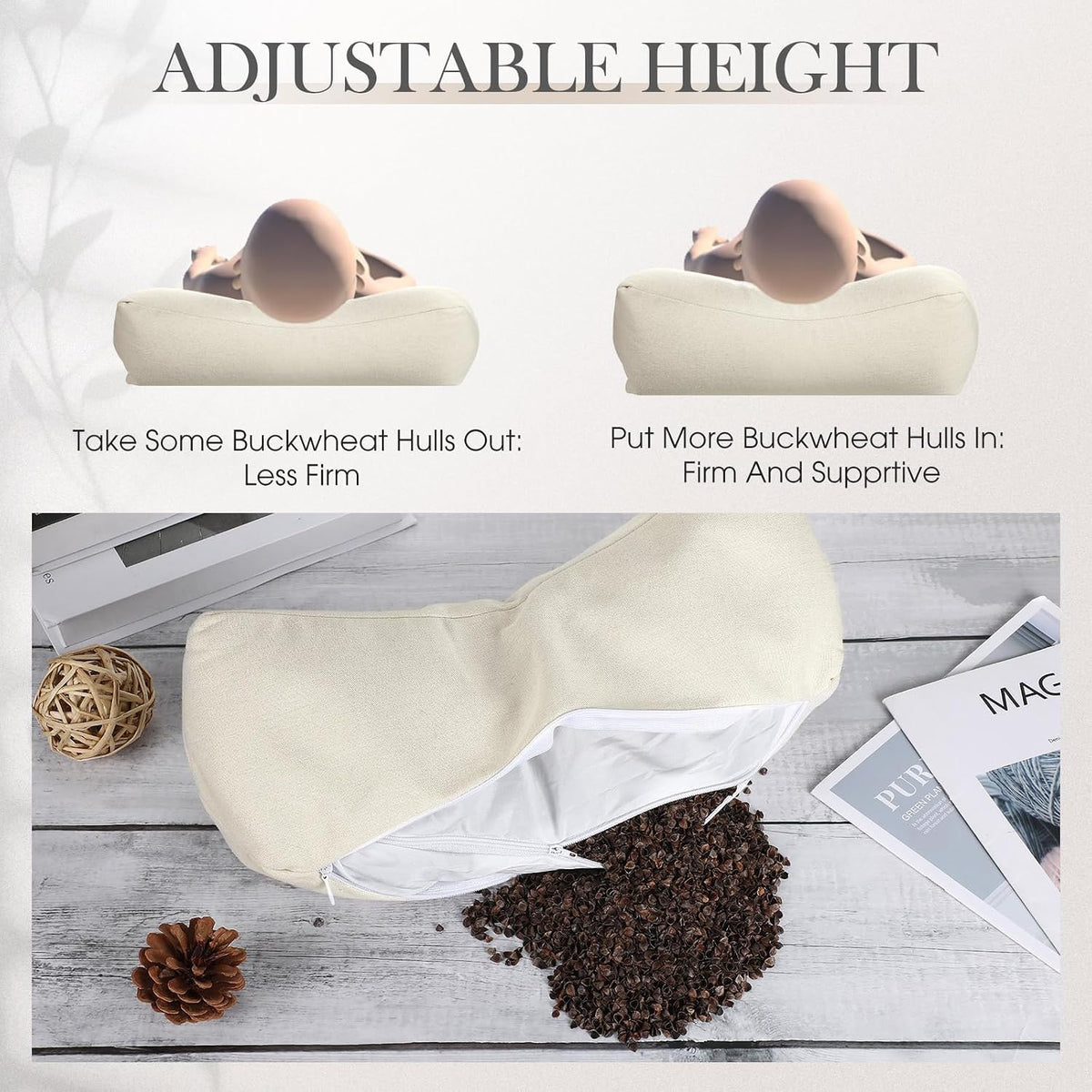 DoubleFill 2 Pcs Buckwheat Neck Pillow Adjustable, Gray, Plush