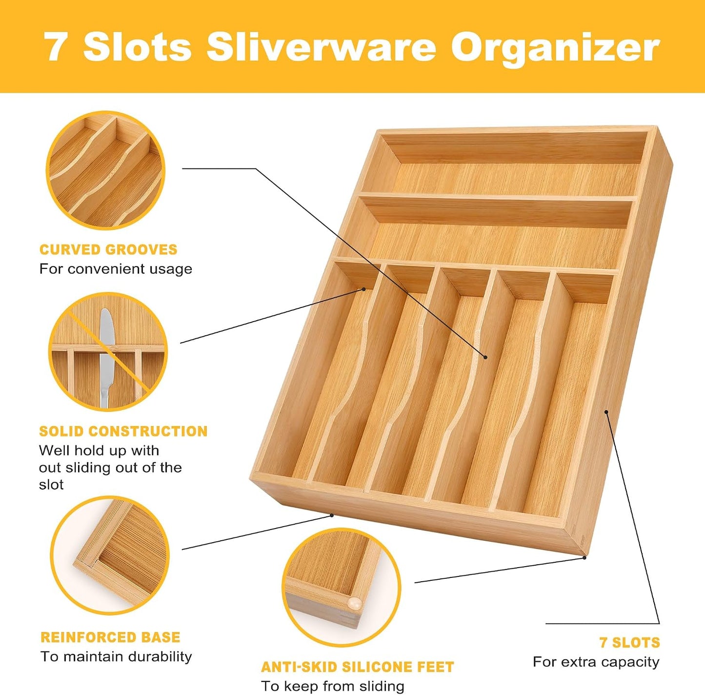 Expandable Bamboo Kitchen Drawer Organizer for Cutlery and Utensils, Adjustable Bamboo Wood Cutlery Tray in Drawer for Flatware and Silverware in Kitchen, (Natural)