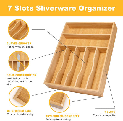 Expandable Bamboo Kitchen Drawer Organizer for Cutlery and Utensils, Adjustable Bamboo Wood Cutlery Tray in Drawer for Flatware and Silverware in Kitchen, (Natural)