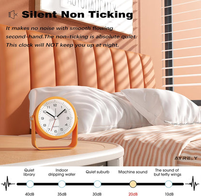 AYRELY® 3.5" Small Analog Travel Alarm Clock, Battery Operated Desk Clock | Cute Table Clock with Light, Adjustable Angle, Bedside, Bedrooms, Kids' Rooms and Living Room Decor (Orange)