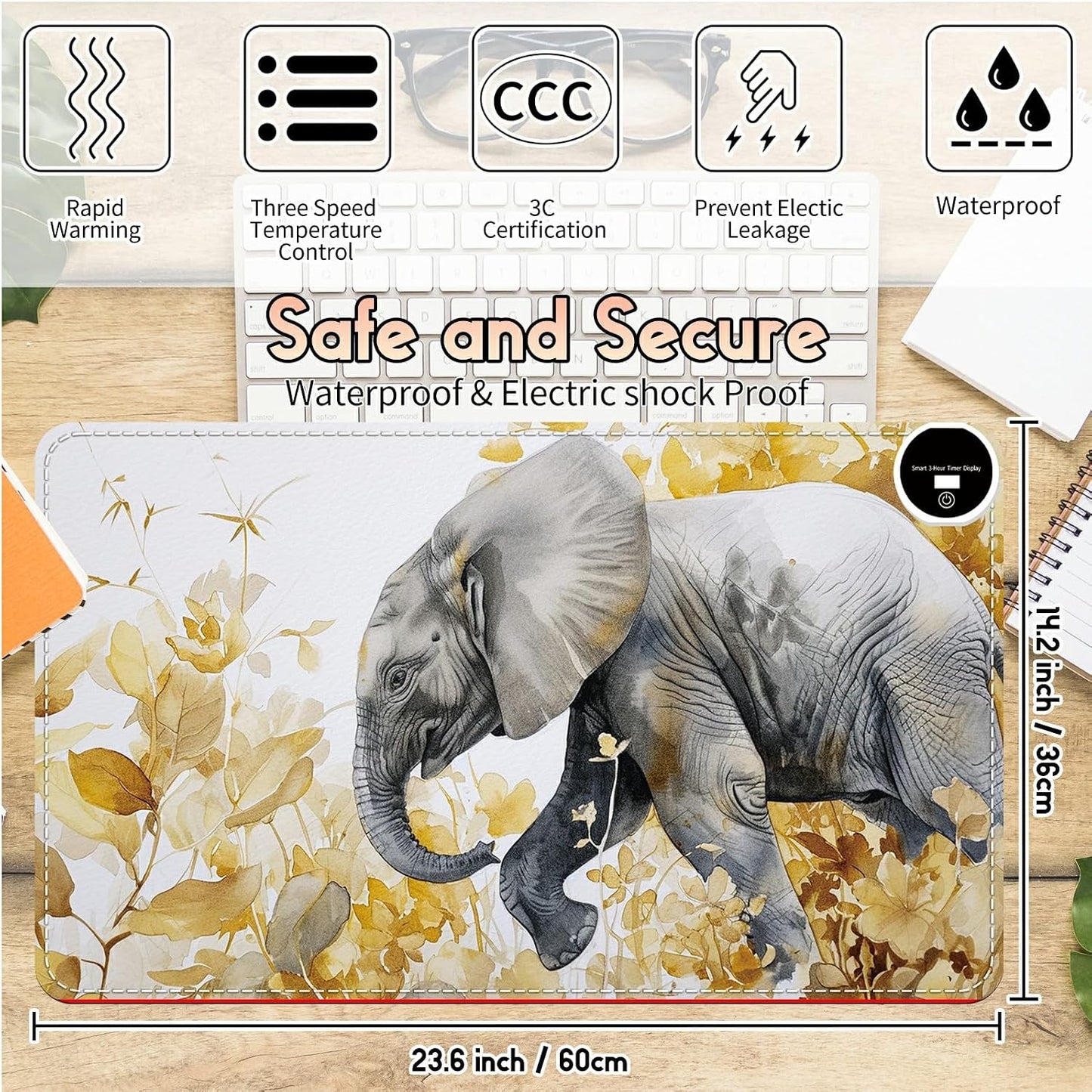 Heated Desk Pad Heated Large Mouse Pad, Electric Quickly Warm Desk Mat with 3 Levels Heating 3 Hours Auto Shut-Off, 31.5" x 13" Warm Gaming Mousepad Hand Foot Warmer, Baby Elephant