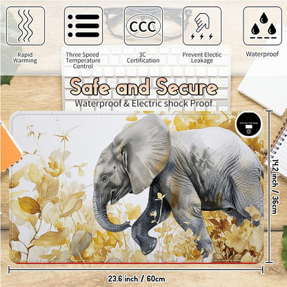 Heated Desk Pad Heated Large Mouse Pad, Electric Quickly Warm Desk Mat with 3 Levels Heating 3 Hours Auto Shut-Off, 31.5" x 13" Warm Gaming Mousepad Hand Foot Warmer, Baby Elephant