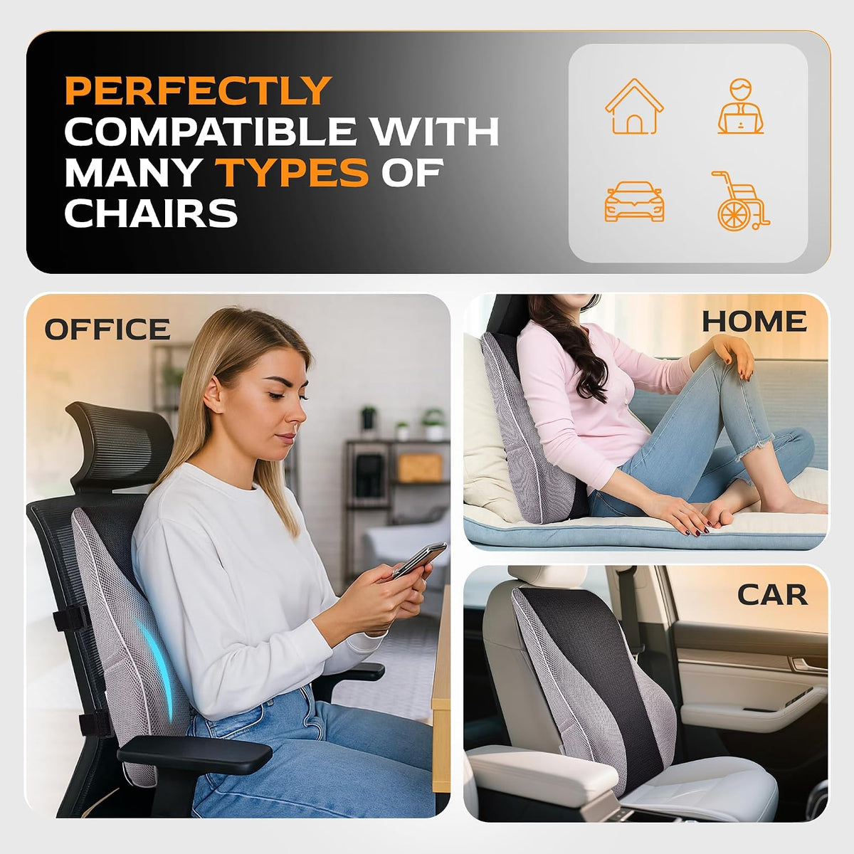 TULARIS Extra Dense Lumbar Pillow with Double Adjustable Straps - Ergonomic Lumbar Support Pillow for Office Chair, Car, Couch Firm Back Support for Lower Back & Spine Pain Relief Memory Foam Cushion