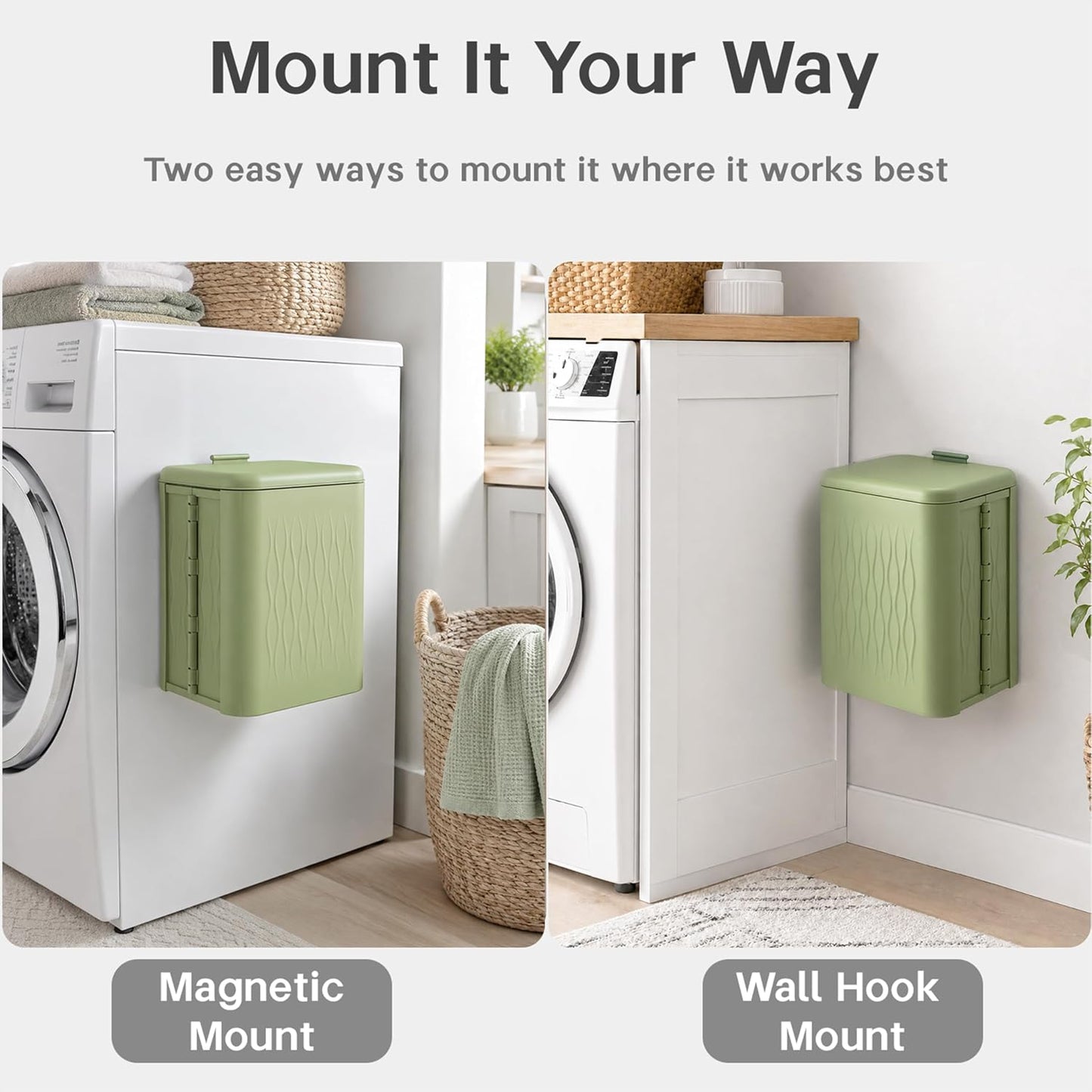 Magnetic Lint Bin for Laundry Room, 3.2 Gallon Extra Large Foldable Lint Trash Can with Lid and Dryer Lint Brush, Wall Mounted Lint Holder for Dryer Sheets, Laundry Organization, White
