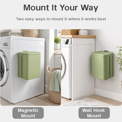 Magnetic Lint Bin for Laundry Room, 3.2 Gallon Extra Large Foldable Lint Trash Can with Lid and Dryer Lint Brush, Wall Mounted Lint Holder for Dryer Sheets, Laundry Organization, White