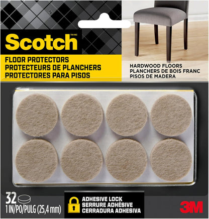 Scotch Felt Pads 32 PCS Beige, Felt Furniture Pads for Protecting Hardwood Floors, 1" Round, Easy-to-apply, Self-Stick design, Reliable protection from nicks, dents and scratches (SP802-NA)