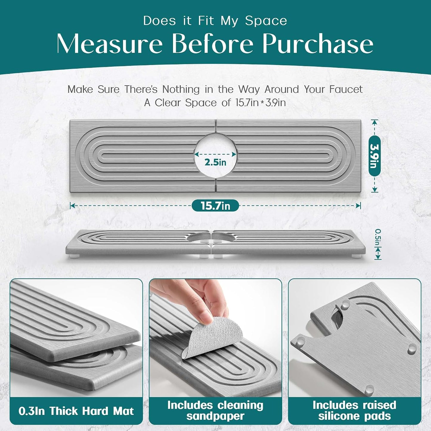 Stone Faucet Mat for Kitchen Sink – Diatomite Drying Stone Mat & Sink Protector, Prevents Moisture – Sink Splash Guard Water-Absorbing Stone Tray for Bathroom Counter (Light Grey, 20" x 3.9")