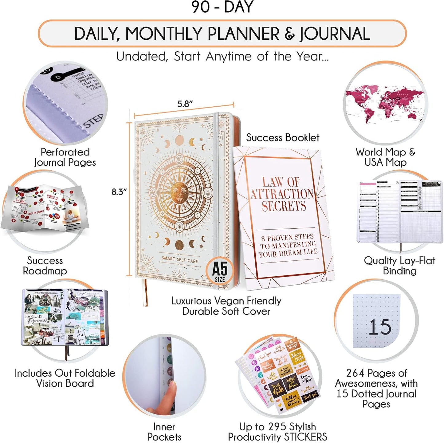Freedom Mastery Daily Journal of Gratitude, Productivity & Habit Tracker | Undated 90-Day Planner with Daily Reflection, Mindfulness, Positivity, Vision Board & Stickers, Gratitude Journal for Women