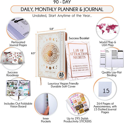 Freedom Mastery Daily Journal of Gratitude, Productivity & Habit Tracker | Undated 90-Day Planner with Daily Reflection, Mindfulness, Positivity, Vision Board & Stickers, Gratitude Journal for Women