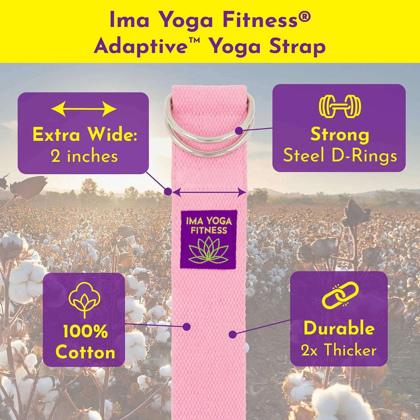Adaptive Yoga Strap for Stretching - Extra-Wide 2 Inches 100% Cotton Stretch Strap with Steel D-Rings for Physical Therapy, Pilates & Flexibility - Storage Pouch & E-Book
