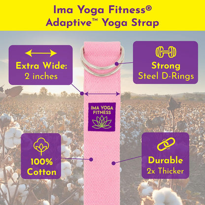 Adaptive Yoga Strap for Stretching - Extra-Wide 2 Inches 100% Cotton Stretch Strap with Steel D-Rings for Physical Therapy, Pilates & Flexibility - Storage Pouch & E-Book