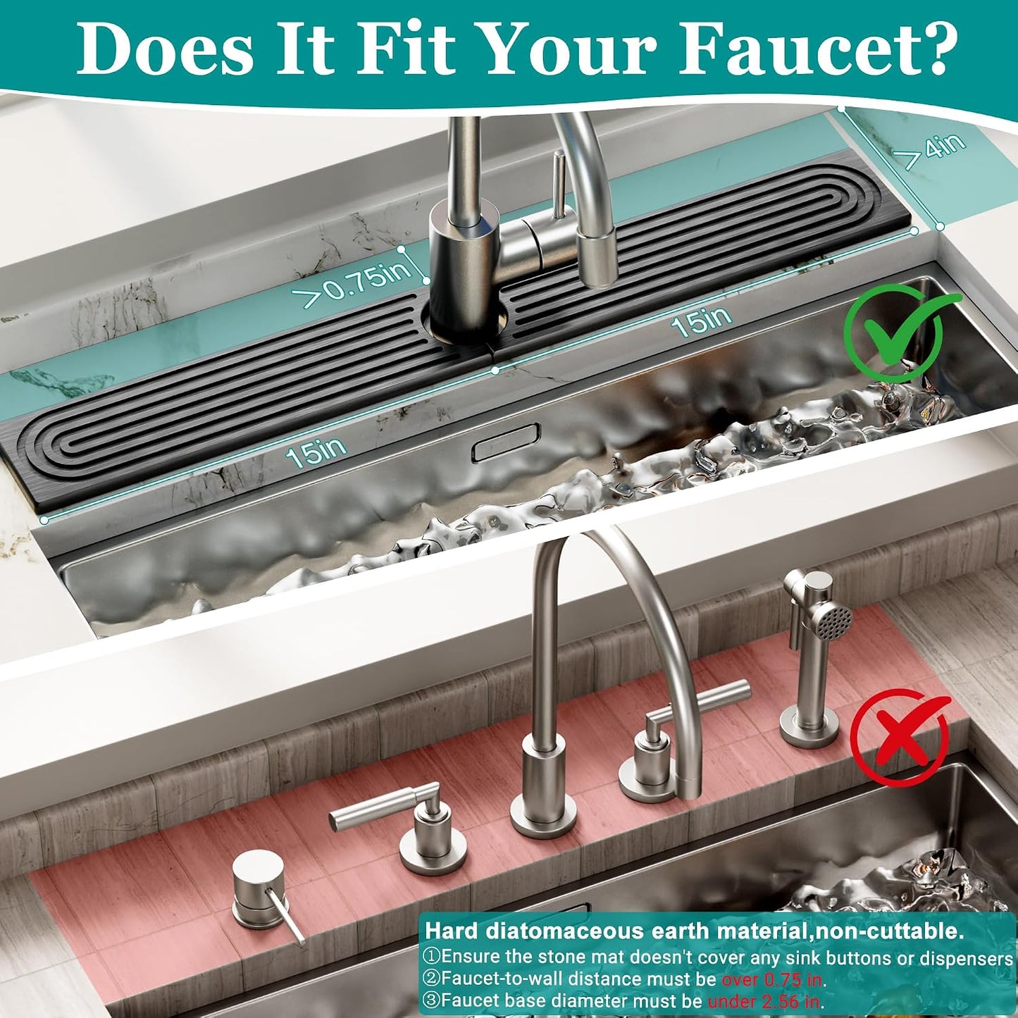 Stone Faucet Mat for Kitchen Sink - Quick Dry Diatomite Sink Splash Guard, Prevents Moisture Buildup & Water Stains, Water Absorbing Stone Tray for Bathroom Countertop (Dark Gray, 23.6" x 4")