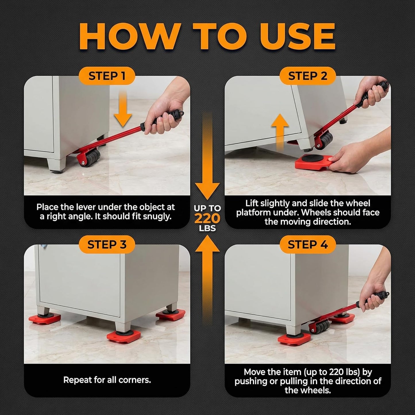 Furniture Lift Tool Set, Upgrade Furniture Movers Sliders Furniture Lifter Tool,Furniture Movers with Adjustable Height Lifting Tool Lever & 4 Wheels, Mover Dolly Sliders Tool (Red)