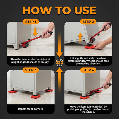 Furniture Lift Tool Set, Upgrade Furniture Movers Sliders Furniture Lifter Tool,Furniture Movers with Adjustable Height Lifting Tool Lever & 4 Wheels, Mover Dolly Sliders Tool (Red)