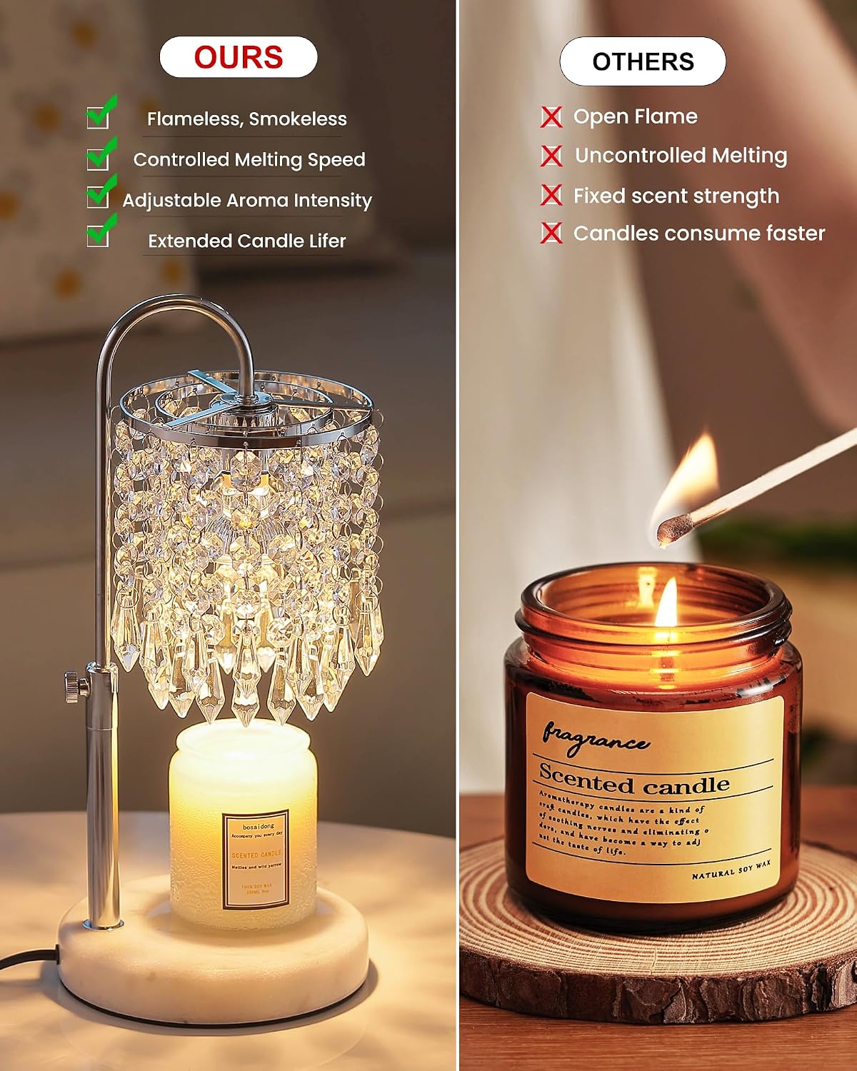 Candle Warmer Lamp with Timer Dimmer and 3 Bulbs, Candle Lamp Warmer with Marble Base for Adjustable Height, Crystal Candle Lamp for Jar Candles, House Warming Gifts Home Room Decor, Silver
