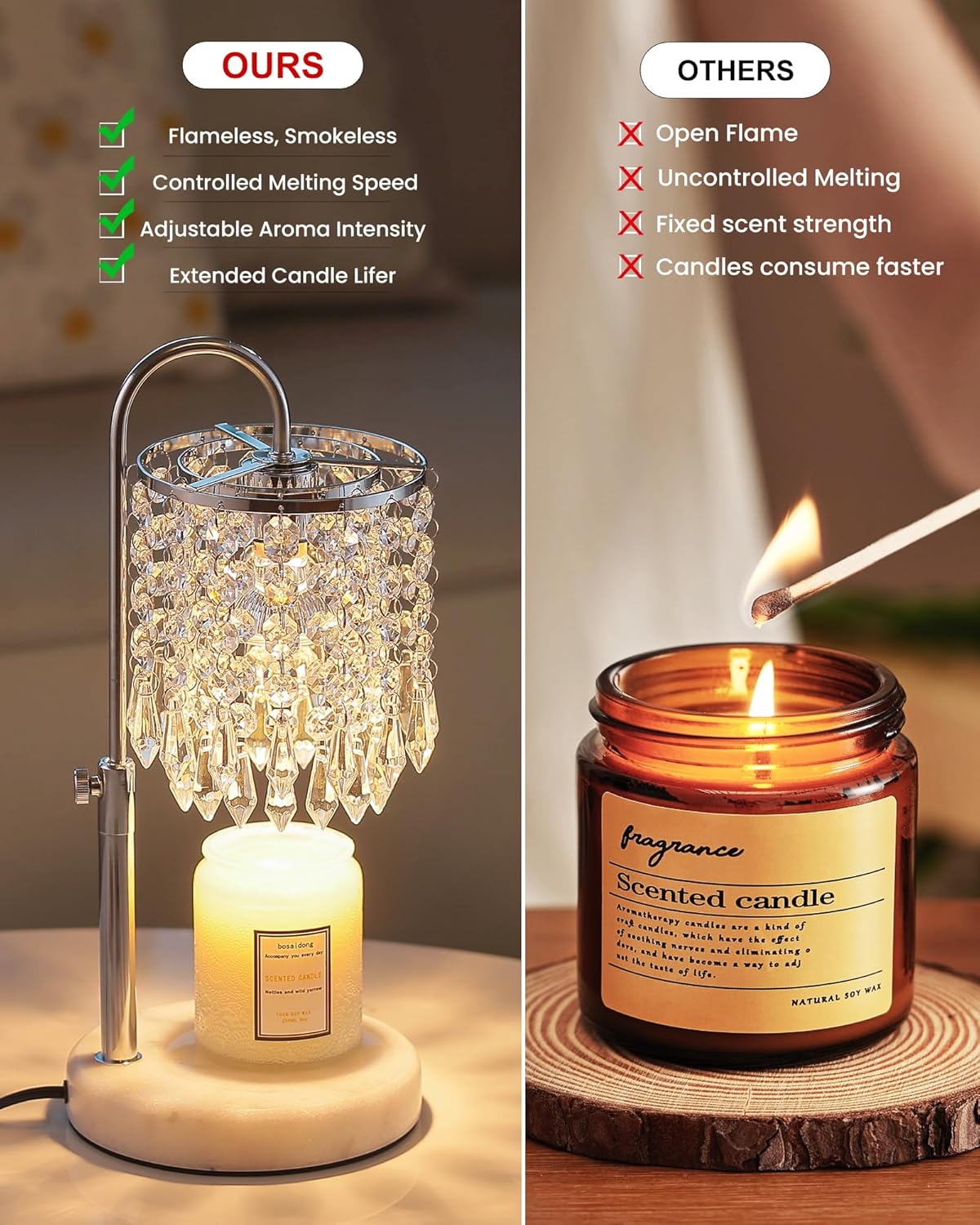 Candle Warmer Lamp with Timer Dimmer and 3 Bulbs, Candle Lamp Warmer with Marble Base for Adjustable Height, Crystal Candle Lamp for Jar Candles, House Warming Gifts Home Room Decor, Silver