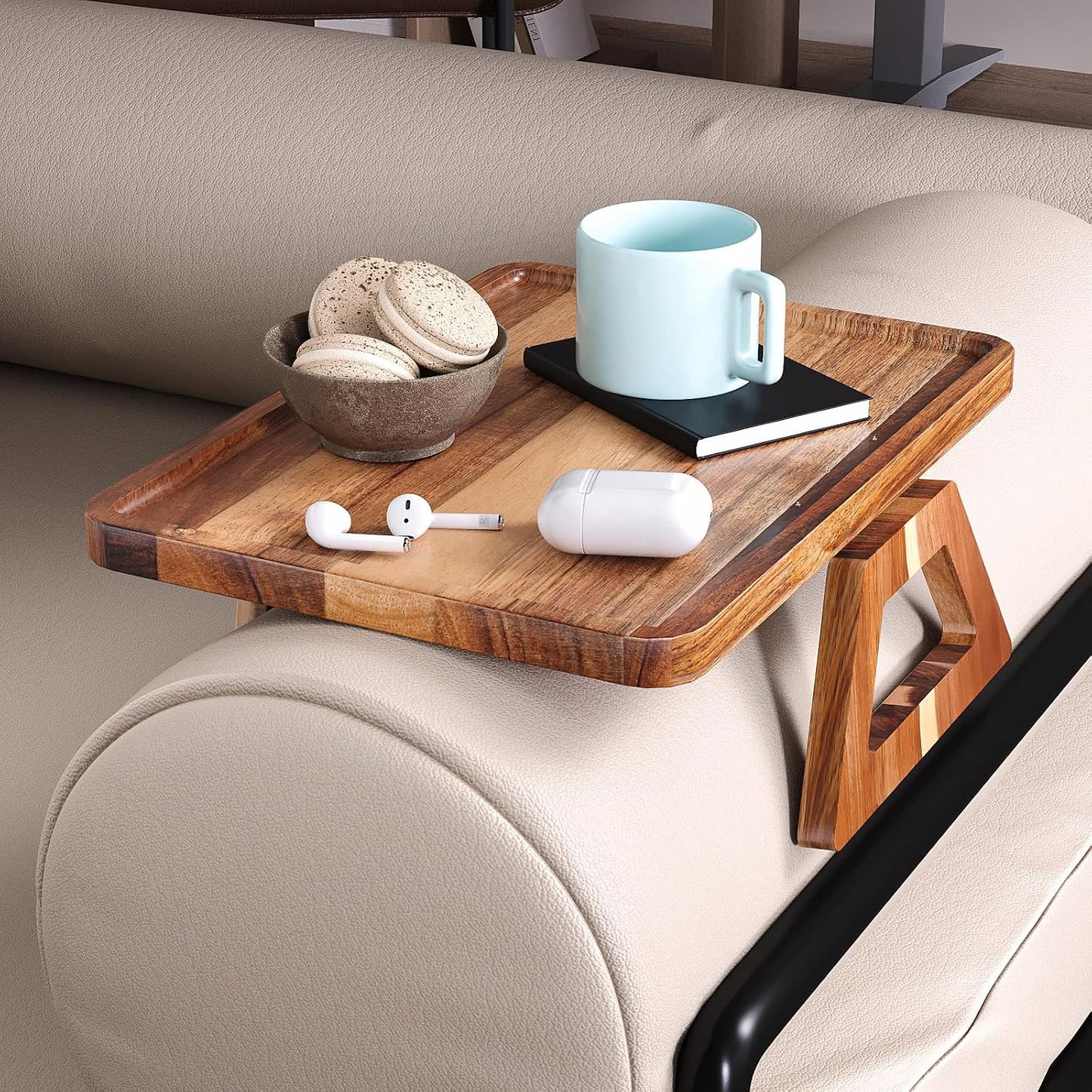 Acacia Wood Couch Arm Tray，Folding Sofa Armrest Table | Clip-On Couch Desk,Foldable, Non-slip,No Assembly，for Drinks Snacks Phone，Remote Control