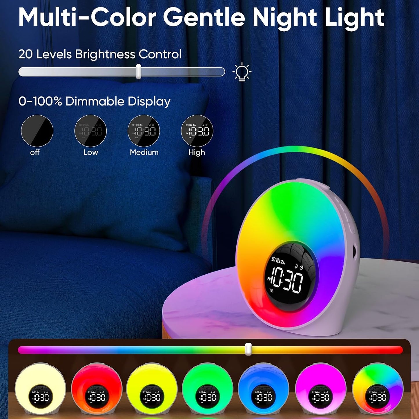 AFEXOA Sunrise Alarm Clock with Wake Up Light & White Noise Machine | 30 Soothing Sounds, 14 Colors Dimmable Nightlights, Digital Dual Alarm Clock for Bedroom/Heavy Sleepers/Adults/Kids
