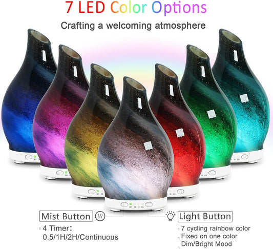 Essential Oil Diffuser 120ML Glass Aromatherapy Diffuser with 4 Timer Settings & 7 Color Changing Lights, Auto Shut-Off, Ultra Quiet Oil Diffuser for Home, Office, Yoga, Spa