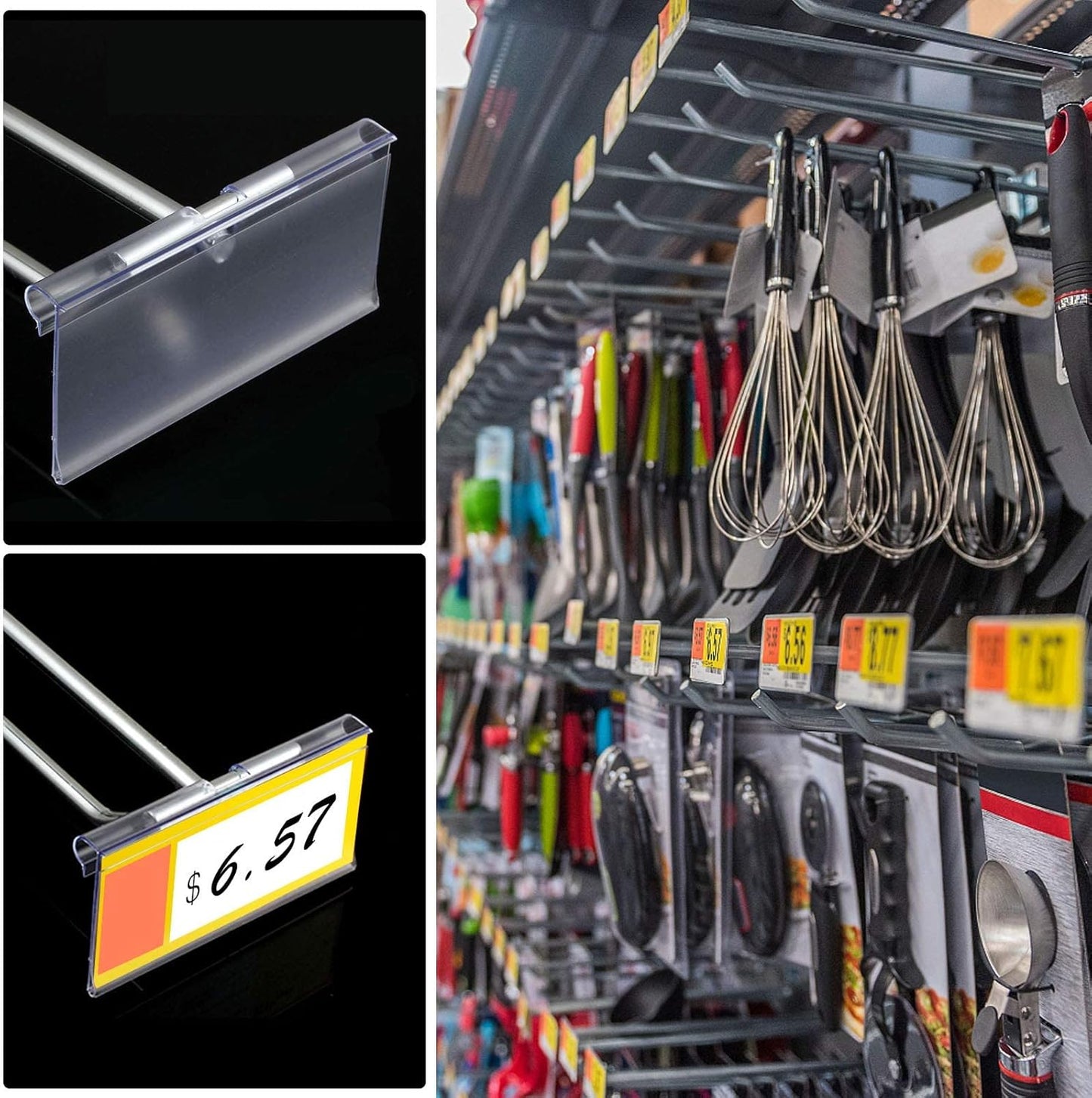 Meetory 50 PCS Clear Plastic Label Holders for Wire Shelf Retail Price Label, Basket Bin Labels Clip On, Labels for Storage Bins, Merchandise Sign Display Holder for Supermarket,Label Papers Included
