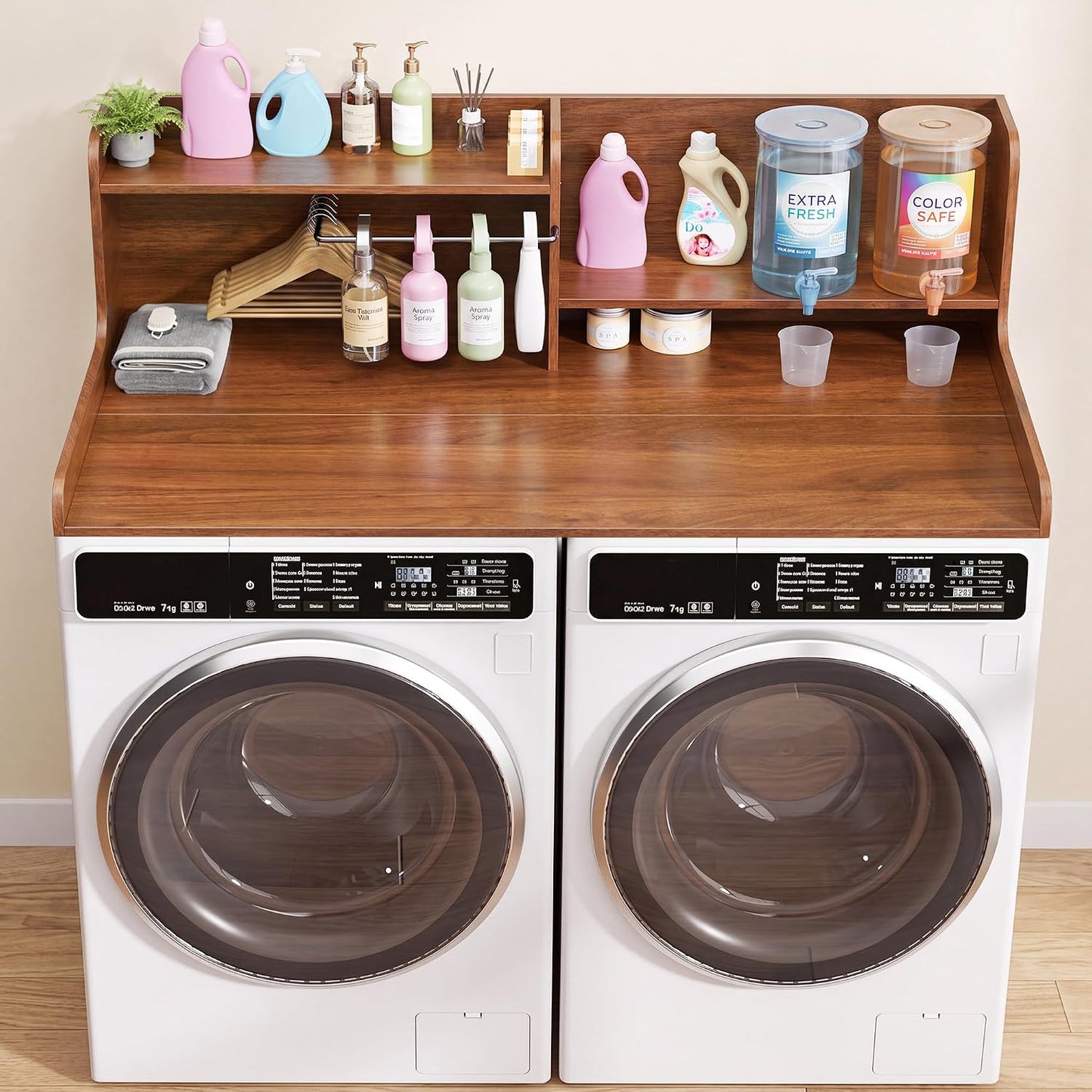 DTK Washer Dryer Wood Countertop with Shelf, Laundry Topper with Non-Slip Mat,27.55" Depth x 54" Width Dryer Covers for The Top with Edge Rails, Black