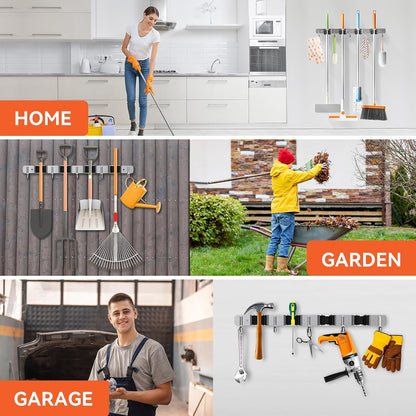 ZONGOOL 2 Pack Mop Broom Holder Wall Mount 4 Racks 5 Hooks Storage Black | 304 Rustproof Stainless Steel Broom Hanger, Non-Slip Wall Mount Organizer, Space Saving For Kitchen, Laundry, Garden