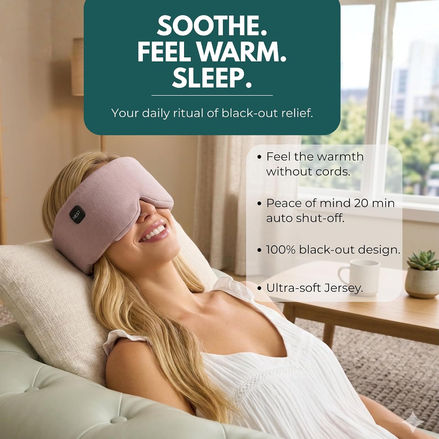 Heated Eye Mask – Cordless Electric Warm Eye Compress for Dry Eyes, Stye & Eye Strain Relief – 4 Heat Settings, Rechargeable, Light-Blocking, Blackout, Washable Cover (Ocean Stone)
