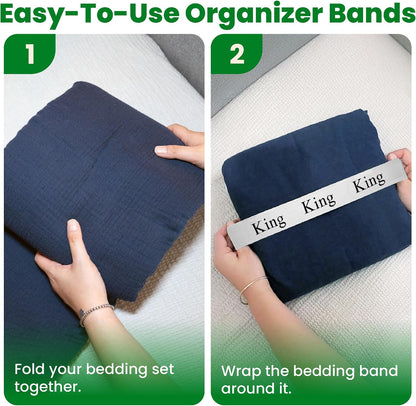 ECOHomes Bed Sheet Organizer Label Bands (King 4PCs Pack, Cream) | Storage Size Label Bands, Bed Sheets Set Organizers, Linen Closet Organization, Elastic Bedding Band, for Organizing Bedsheet