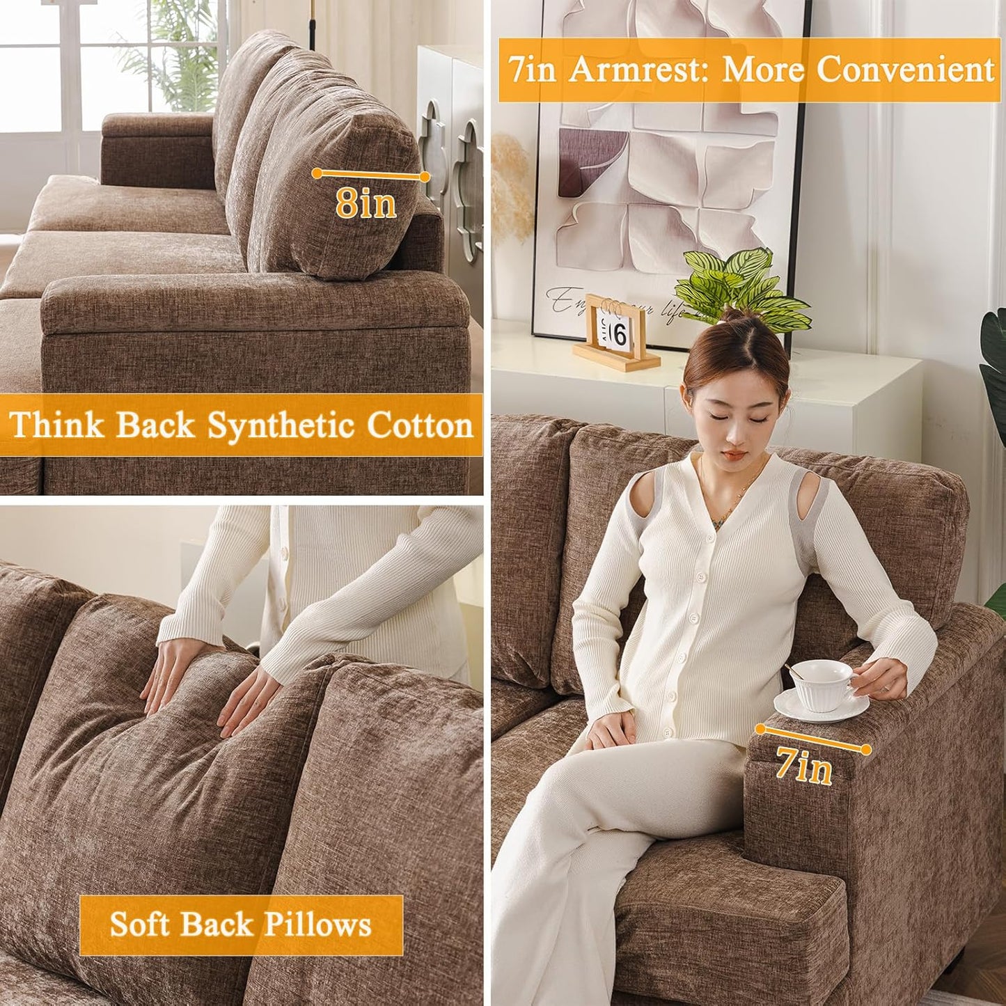85'' L Shaped Couch with Armrest Organizer,Sectional,Movable Ottoman,Khaki | Comfy Sectional Sofa with Thick Cushion,3 Seats Sofas,Sectional Couches for Living Room,Bedroom,Apartment,Chenille
