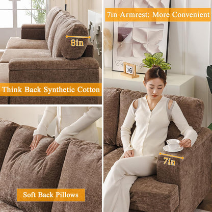 85'' L Shaped Couch with Armrest Organizer,Sectional,Movable Ottoman,Khaki | Comfy Sectional Sofa with Thick Cushion,3 Seats Sofas,Sectional Couches for Living Room,Bedroom,Apartment,Chenille