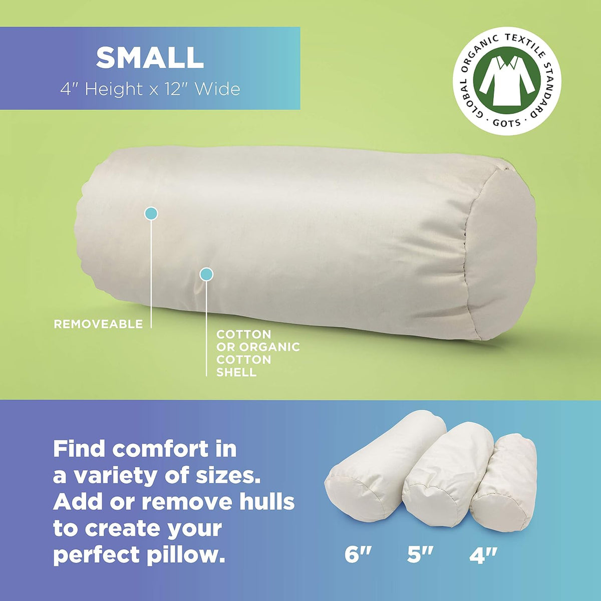 Bean Products Natural Organic Cotton Kapok Neck Roll Pillow 4" Dia x 12"